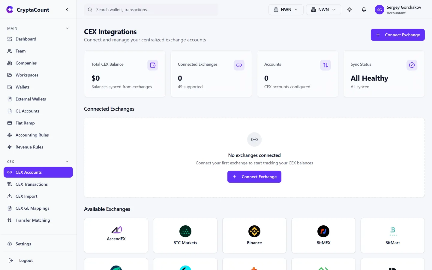 CEX accounts list with connection status