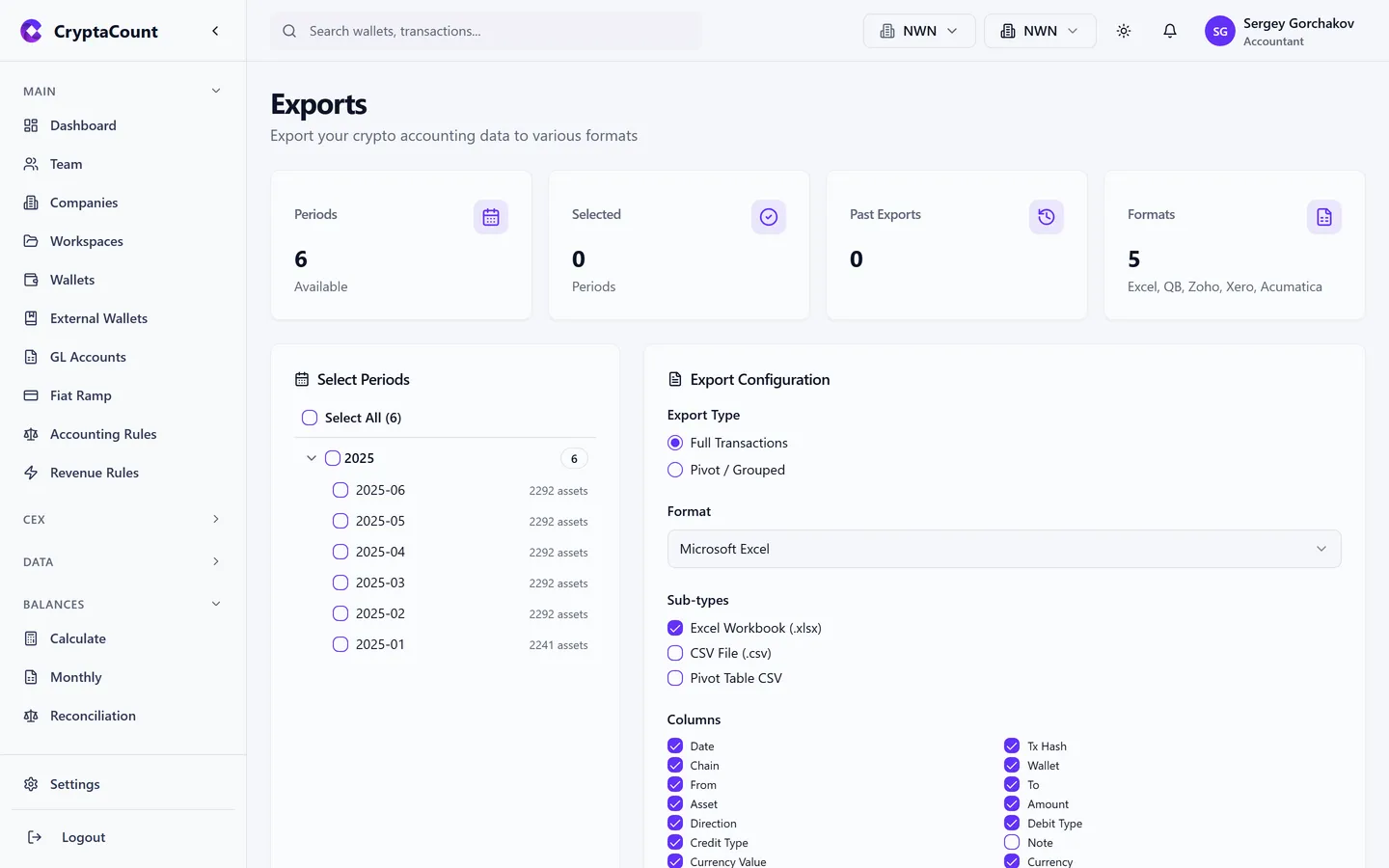 Exports page with generation options and history