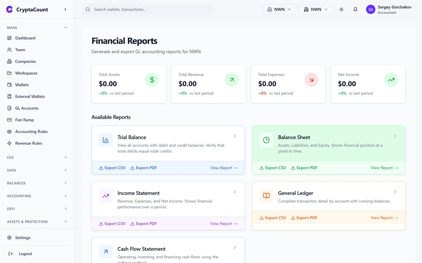 Reports page with available report types
