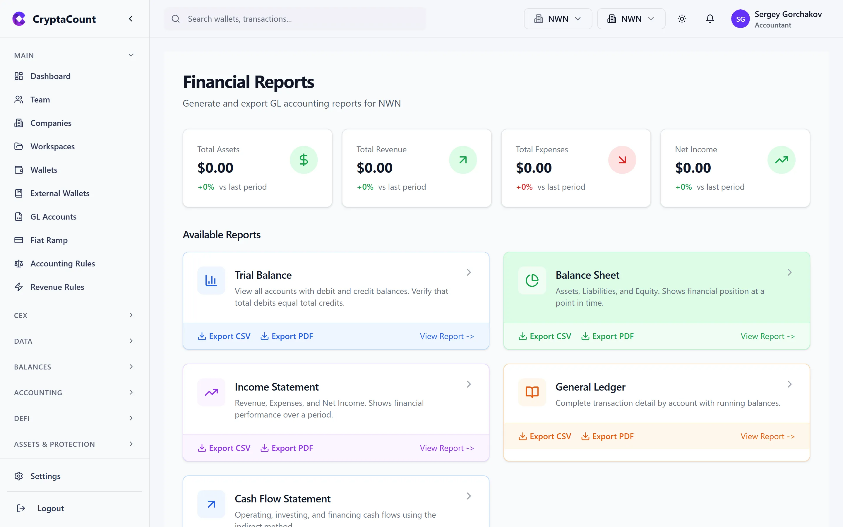 Reports page with available report types