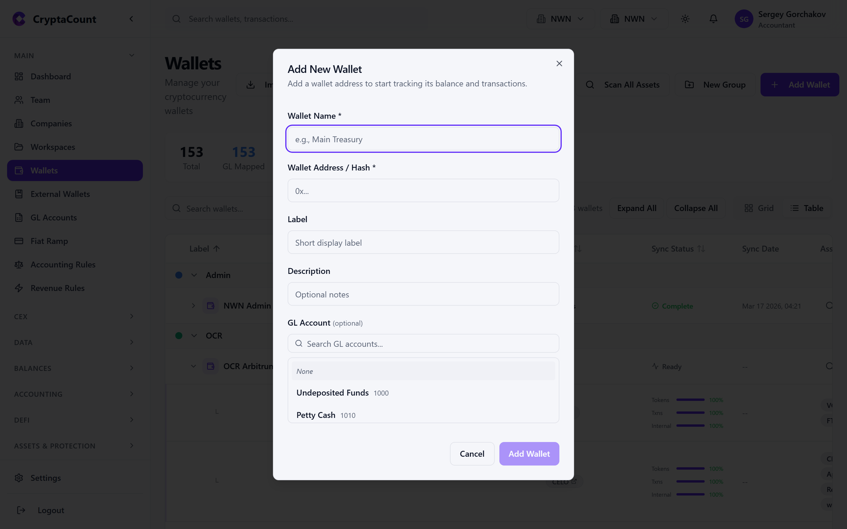 Modulo di inserimento dell'indirizzo del wallet
