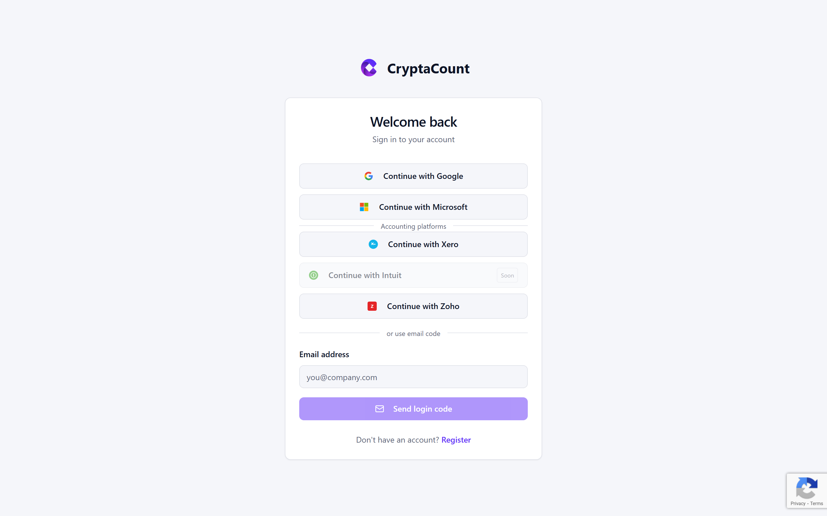 CryptaCount-Anmeldeseite